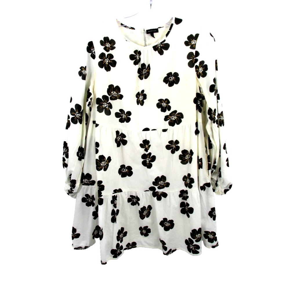 WHO WHAT WEAR Women M White Floral Cotton Midi Smock Dress Peasant Boho Pockets